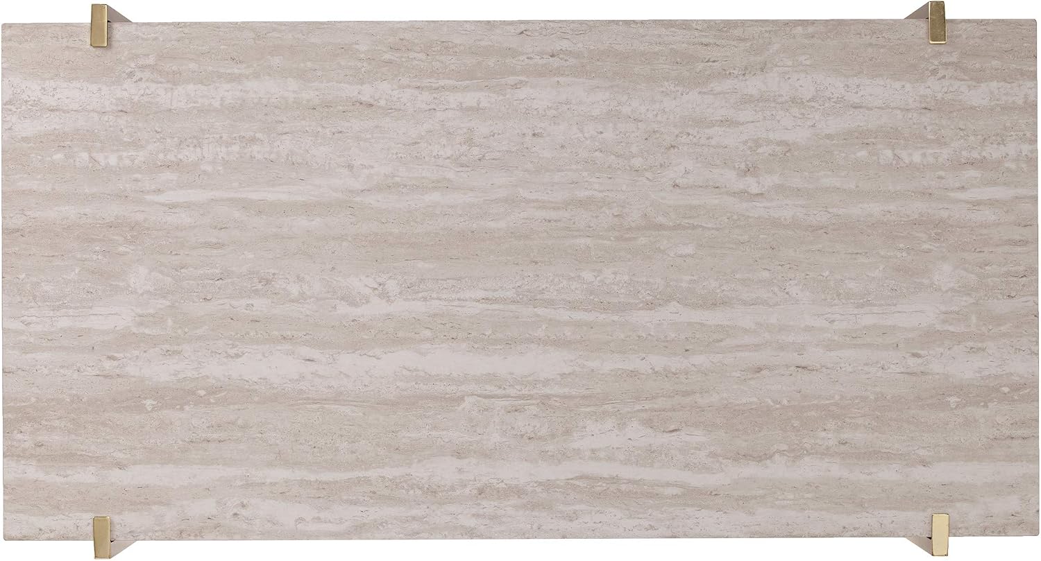 SEI Furniture Ardmillan Rectangular 47' Cocktail Table w/Storage, Brass and Dark Tobacco Finish w/White Faux Travertine
