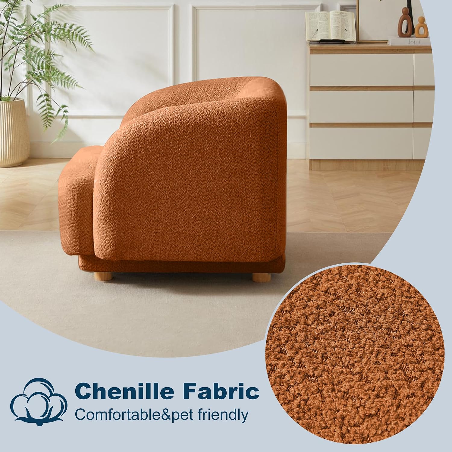 Mofolit Modern Armchair w/Chenille Fabric,37.75' Wide Oversized Barrel Accent Chair w/Wood Legs for Living Room,Bedroom,Apartment,Office (1, Orange)