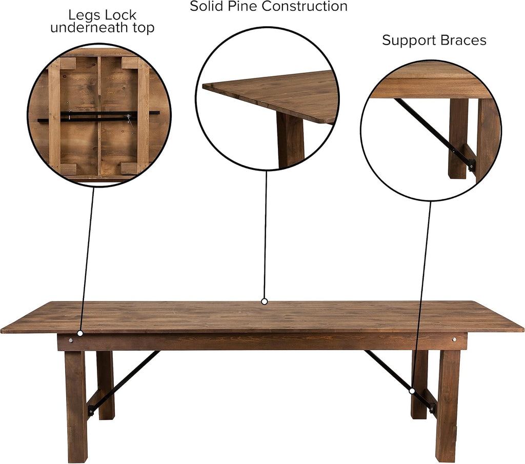 Flash Furniture Hercules Series 9' x 40' Rustic Solid Pine Folding Dining Table, Rectangular Antique Farmhouse Dining and Event Extension Table