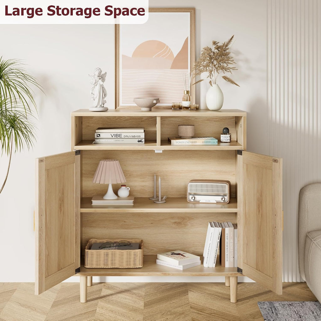 IDEALHOUSE Sideboard Buffet Storage Cabinet, Rattan Kitchen Cabinet with 2 Doors/Shelf, Accent Modern Dining Living Room Entry Hallway Coffee Bar Furniture for Home Decor,36''H