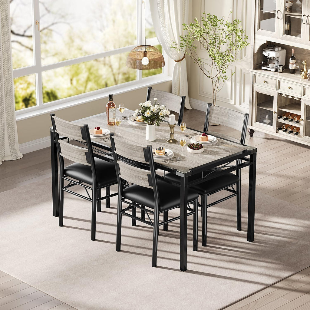 GarveeHome Dining Table Set for 4, Dining Room Table Set for 4 with Upholstered Chairs, Wood Kitchen Table Chairs Set of 4 with Corner Protector for Small Space, Kitchen, Apartment, Rustic Gray