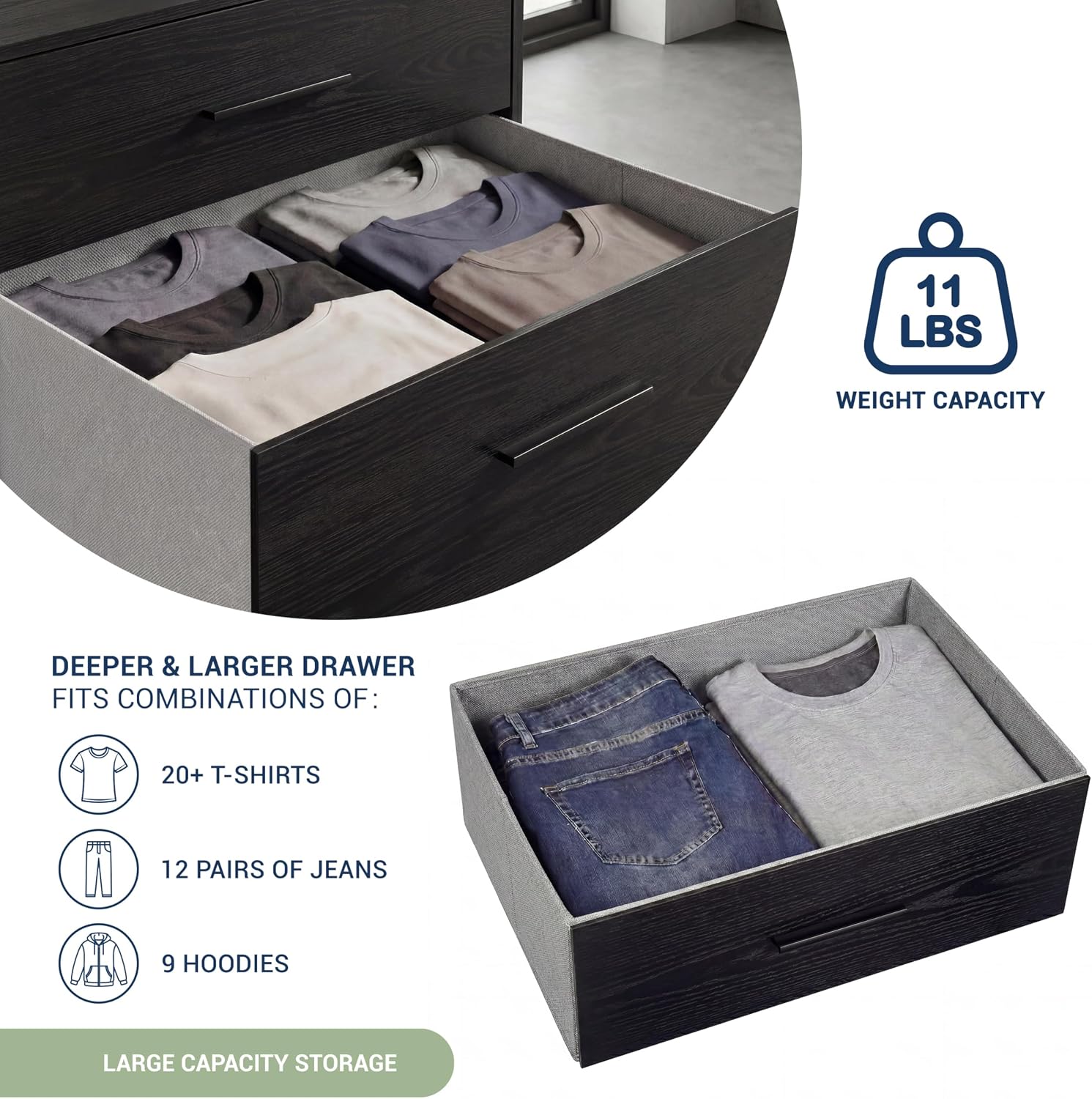 5-Drawer Dresser with Extra Large Fabric Drawers, Wood Frame Dresser with 5 Drawers for Bedroom or Living Room Storage, Hallway, Fabric Bins for Closet or Hallway Storage Organizer, Toy Chest, Black