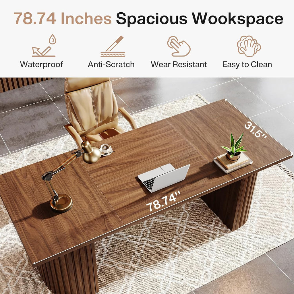 Tribesigns 78.74' Executive Desk, Large Farmhouse Computer Office Desk with Double Pedestal, Wooden Study Writing Table Workstation Conference Table for Home Office, Walnut (Brown)