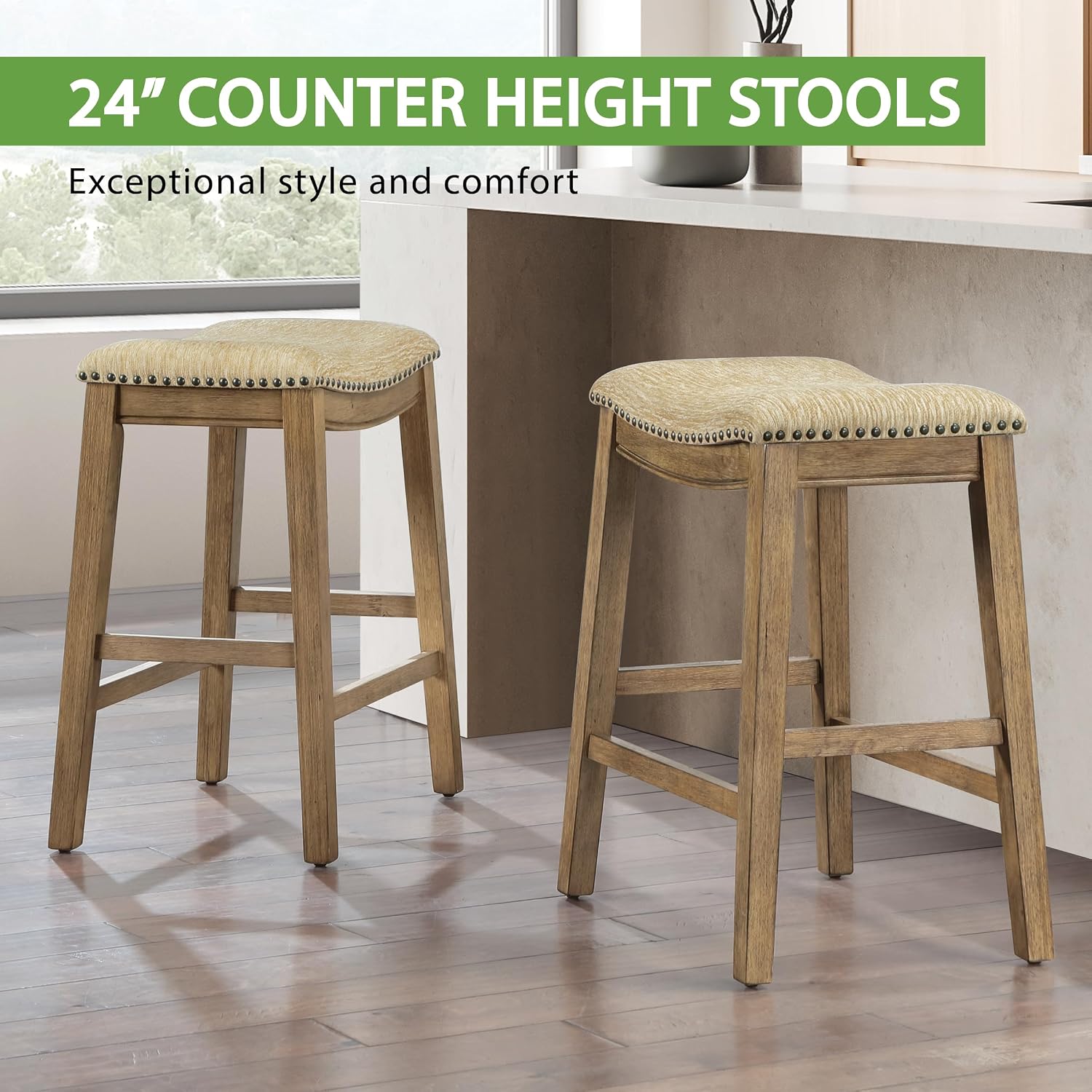 OSP Home Furnishings Metro Farmhouse Saddle Stool with Nailhead Trim, 2-Pack, 24-inch Counter Height, Medium Oak Frame with Camel Fabric