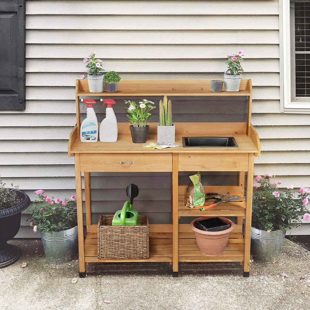 48' Wooden Outdoor Indoor Planting Gardening Garden Potting Bench Workbench Workstation Table Removable Sink Drawer 2 Tiers Storage Shelves Rack Open Shelf 3 Side Hooks Gardening Supplies Tools Storag