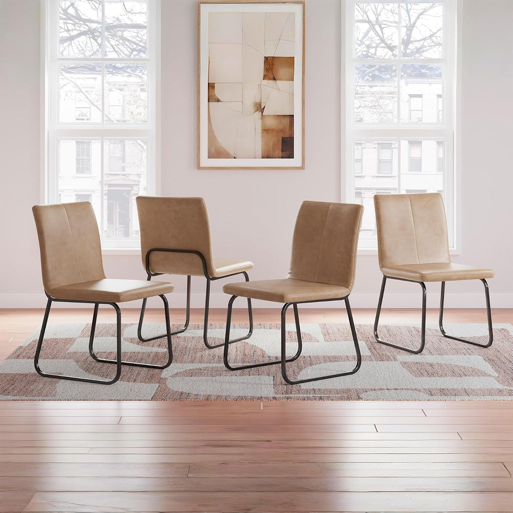 Signature Design by Ashley Pharwynn Casual Indoor Faux Leather Upholstered Armless Dining Chair with Sled Base, Set of 4, Light Brown & Black