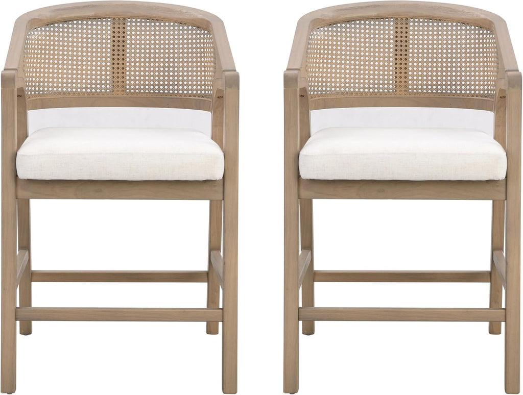 Christopher Knight Home Set of 2 Morley Wooden Counter Stool,Dining Room/Kitchen Island Barstool with footrest, Curved Backrest,Wicker/Cane Accents,Soft Removable Cushions, Light Beige+Light Ash