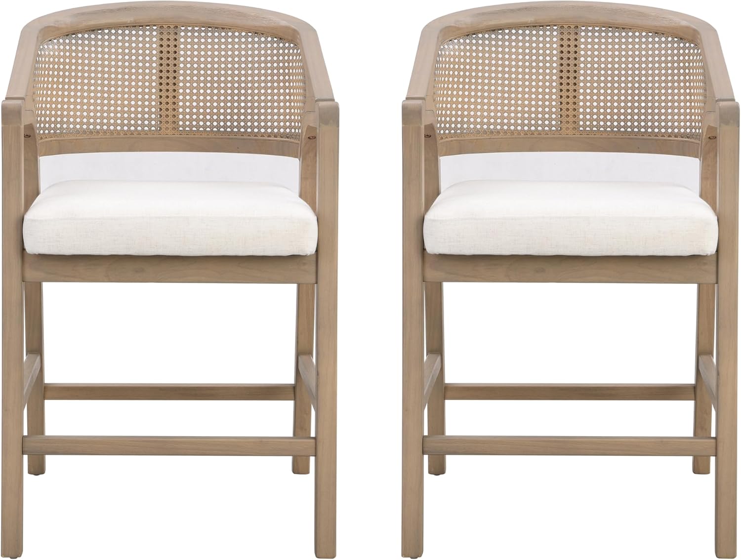 Christopher Knight Home Set of 2 Morley Wooden Counter Stool,Dining Room/Kitchen Island Barstool with footrest, Curved Backrest,Wicker/Cane Accents,Soft Removable Cushions, Light Beige+Light Ash