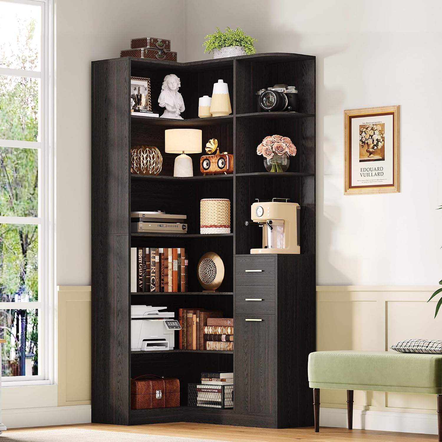 IRONCK Corner Bookshelf, 76' Tall Corner Bookshelves, 6 Tiers L-Shaped Bookcase with 10 Open Shelves and 2 Storage Drawers for Living Room or Home Office, Dark Brown