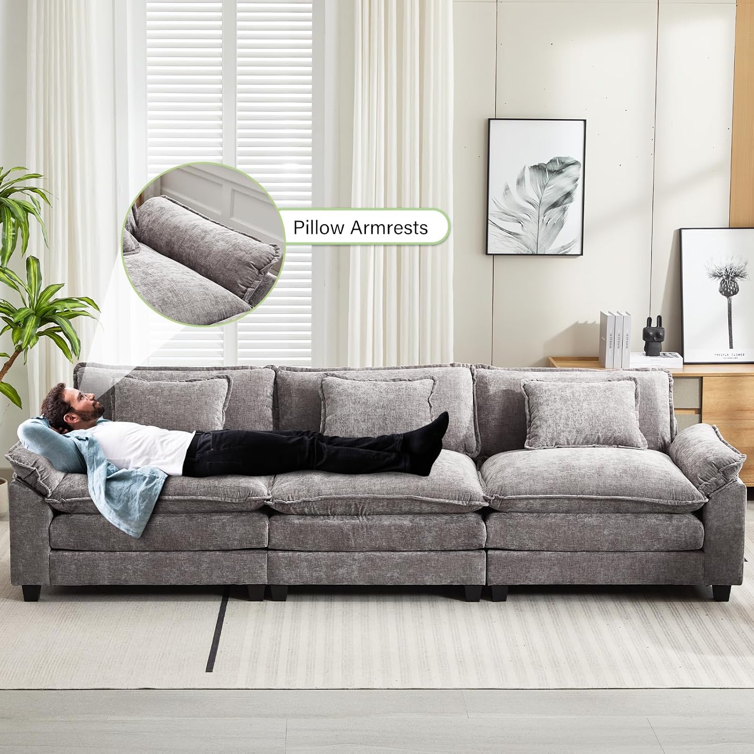 Oprisen 120' Modular Sectional Sofa, Comfy Cloud Couch Sectional Sofa, Chenille Sofa Sleeper Deep Seat Sofa with Throw Pillows for Living Room (Light Gray, 120'- 3 Seater)