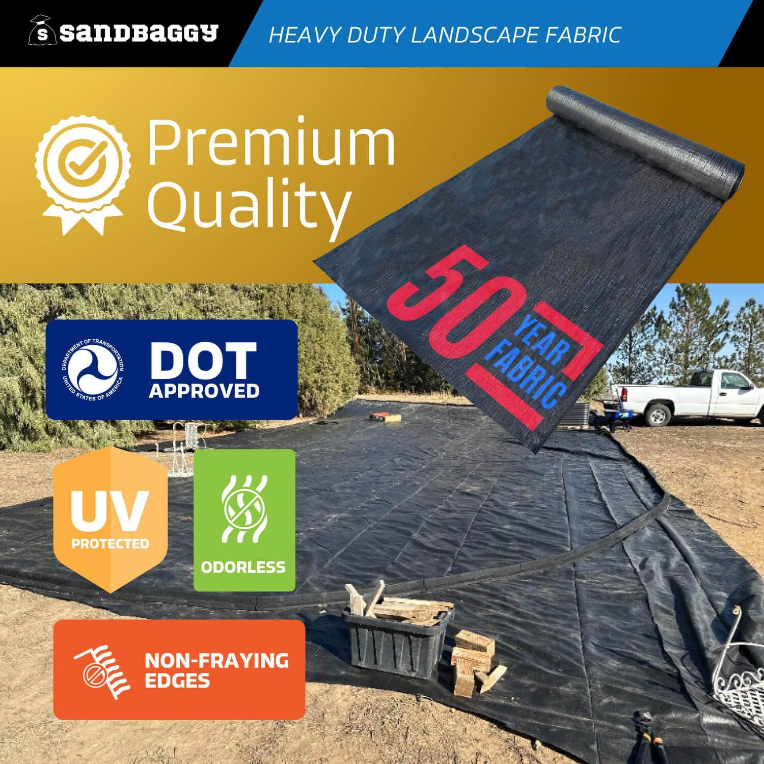 Sandbaggy 6 ft Heavy Duty Landscape Fabric | 50 Year Fabric | 6 oz Extra Thick Weed Barrier & Ground Cover for Rock & Gravel Landscaping | UV Resistant | 365 Weed Free Guarantee (1, 6 ft x 150 ft)
