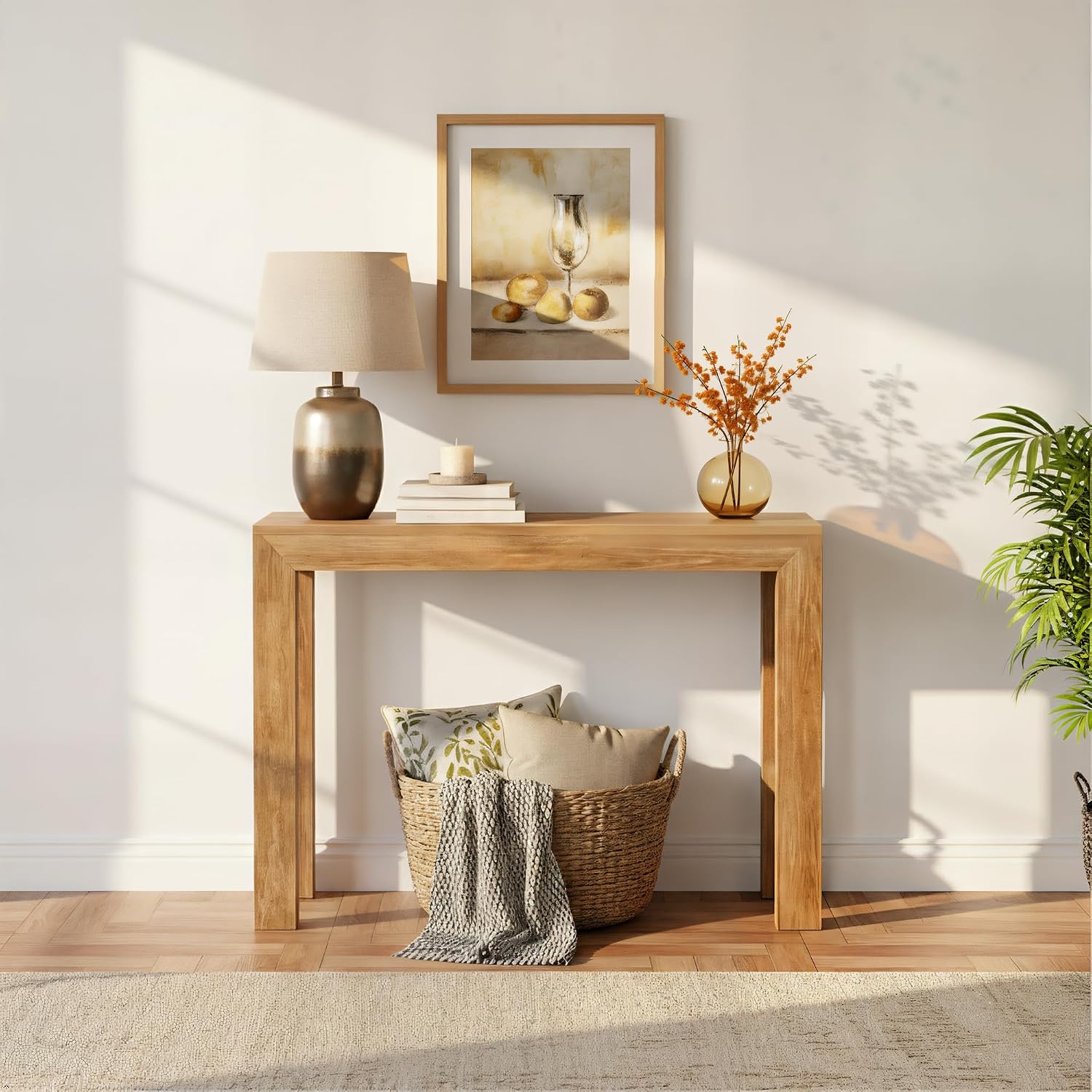 Plank+Beam Modern Solid Wood Console Table, 46 Inch, Sofa Table, Narrow Entryway Table for Hallway, Behind The Couch, Living Room, Foyer, Easy Assembly, Pecan