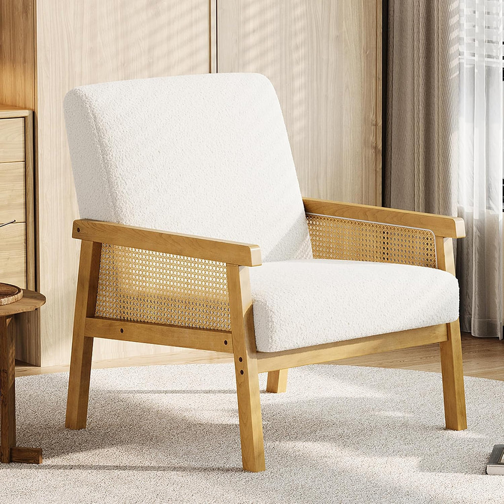 Garvee Boucle Accent Chair, Rattan Armchair with Wooden Frame, High Back, Upholstered Reading Chair Leisure Chairs for Living Room Bedroom Waiting Room Reception, White