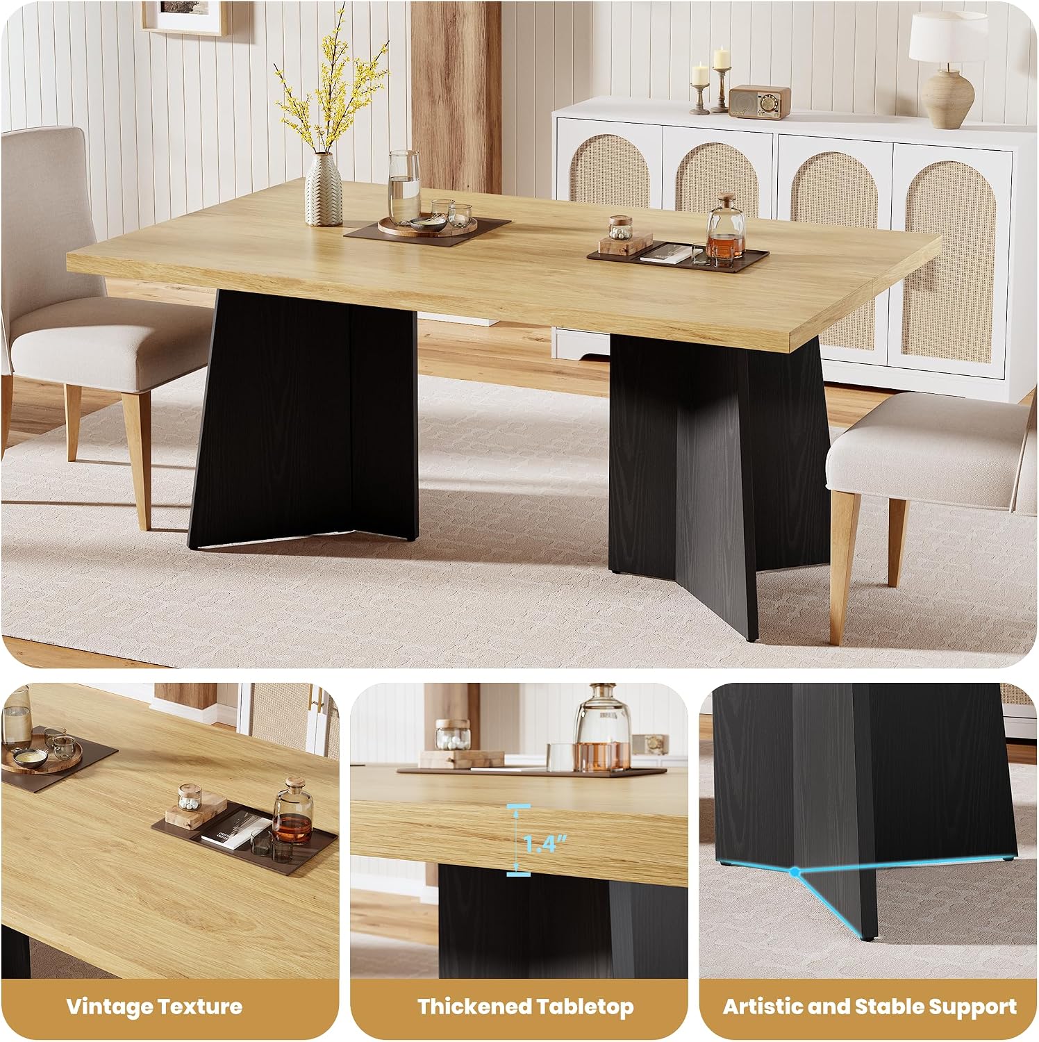 GarveeHome Dining Table for 6-8 People - 63' Modern Long Kitchen Table with Large Tabletop & Heavy Duty Pedestal Legs, Dinner Table for Kitchen, Conference Room, Home, Natural & Black