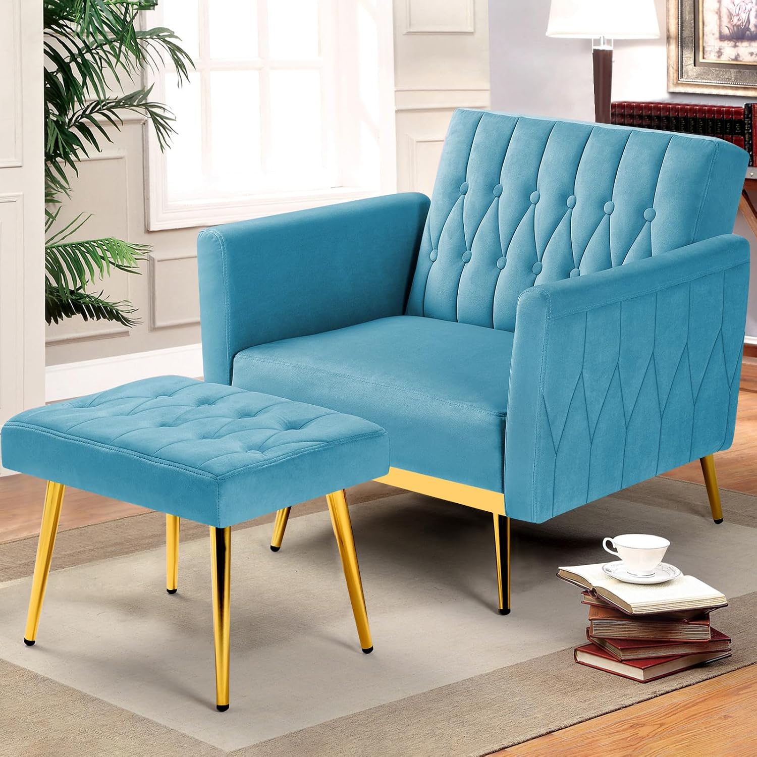 Velvet Accent Chair with Adjustable Armrests and Backrest, Button Tufted Lounge Chair, Single Recliner Armchair with Ottoman and Pillow for Living Room, Bedroom, Baby Blue