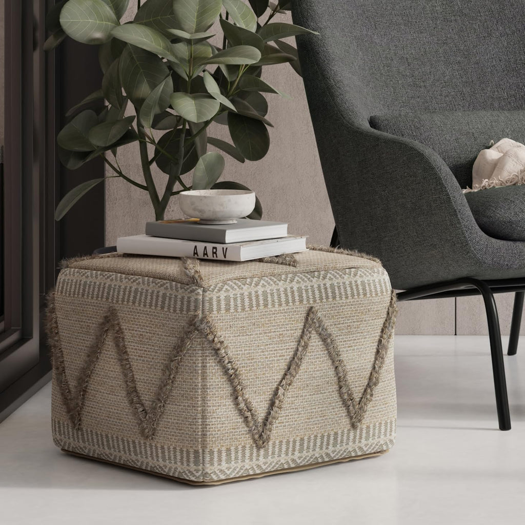 SIMPLIHOME Sweeney Boho Square Pouf in Brown Handloom Woven Pattern for the Living Room, Bedroom and Kids Room