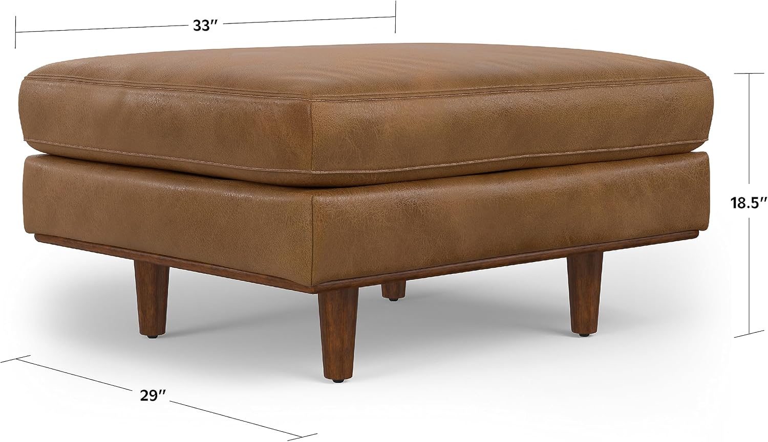SIMPLIHOME Morrison 33 inch Wide Ottoman in Caramel Brown Genuine Leather, Multifunctional Footrest, Coffee Table, and Extra Seating for Living Room, Mid-Century Modern Style