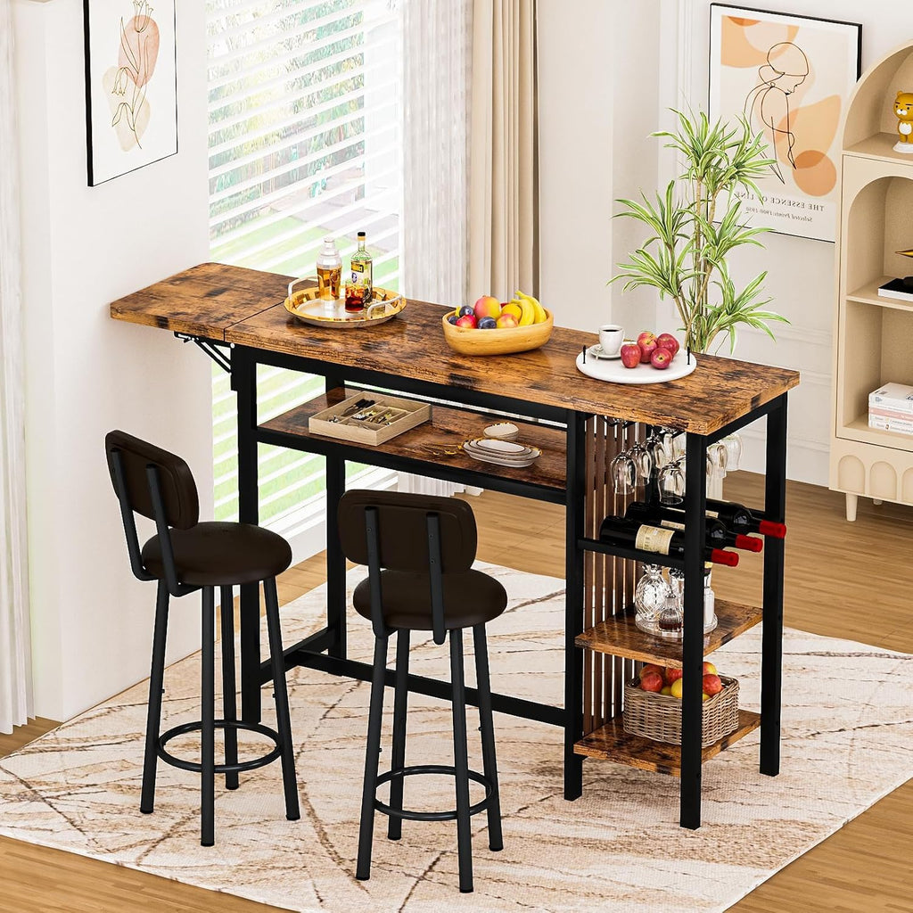 Recaceik Bar Dining Table Set, 59' Expandable Kitchen Counter Height Dining Table Set with Storage Shelves, Cup Holder & Wine Rack, PU Upholstered Stools Bar Table Set with Backrest for Kitchen