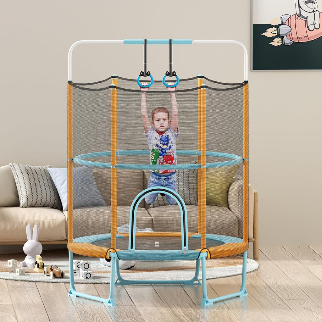 Goplus 60'' Trampoline for Kids, 3-in-1 Toddler Trampoline with Gymnastic Bar, Swinging Rings, Heightened Safety Enclosure Net, 5 FT Indoor Outdoor Recreational Rebounder for Boys Girls