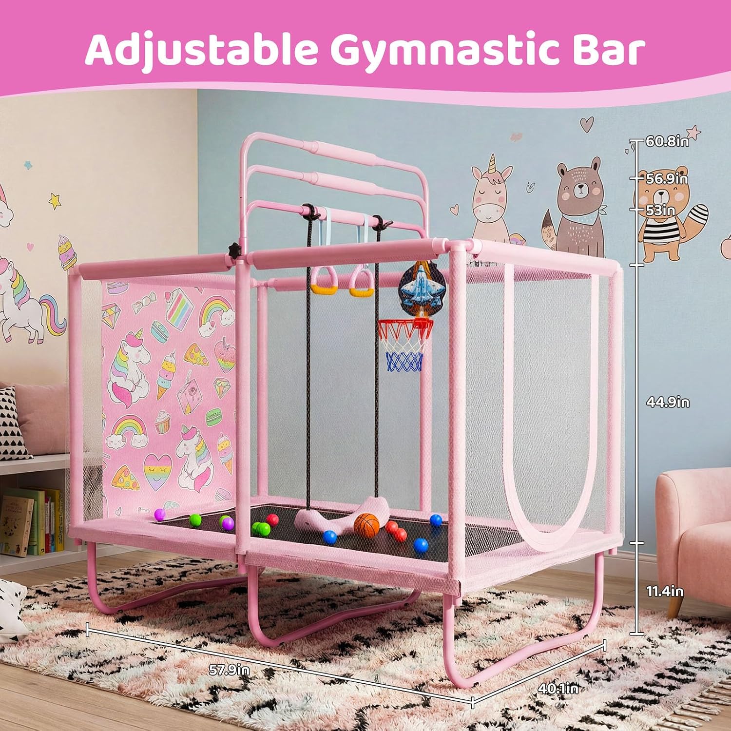 Mini Toddler Indoor Trampoline for Kids, Outdoor Toys Baby Kids Trampoline with Swing, Gymnastics Bar, Birthday Gifts for Boy Girl Age 1-8