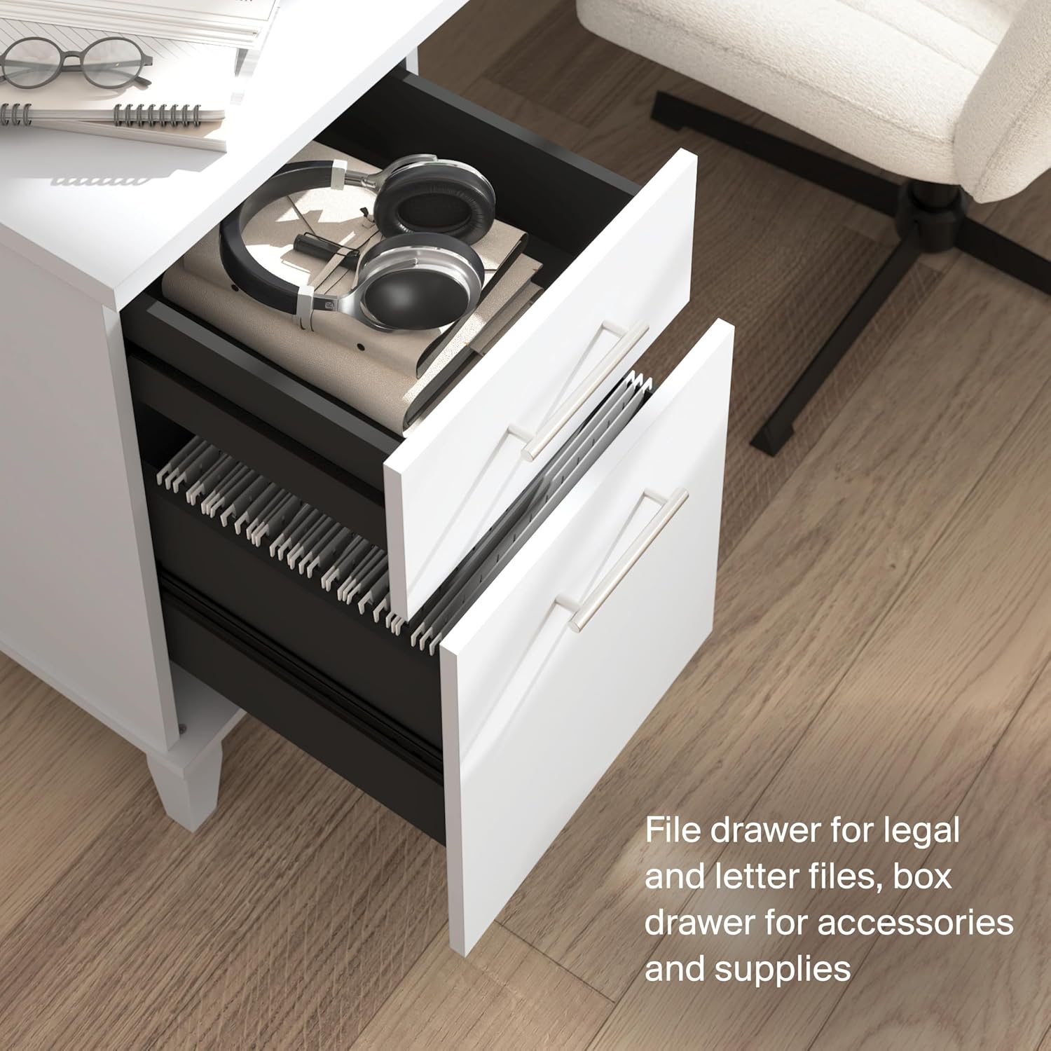 Bush Home 60-Inch Office Desk with Drawers, Computer Desk with File and Box Drawers, Home Office Workstation with Storage Cabinet, Writing Desk Furniture, Somerset Collection, White