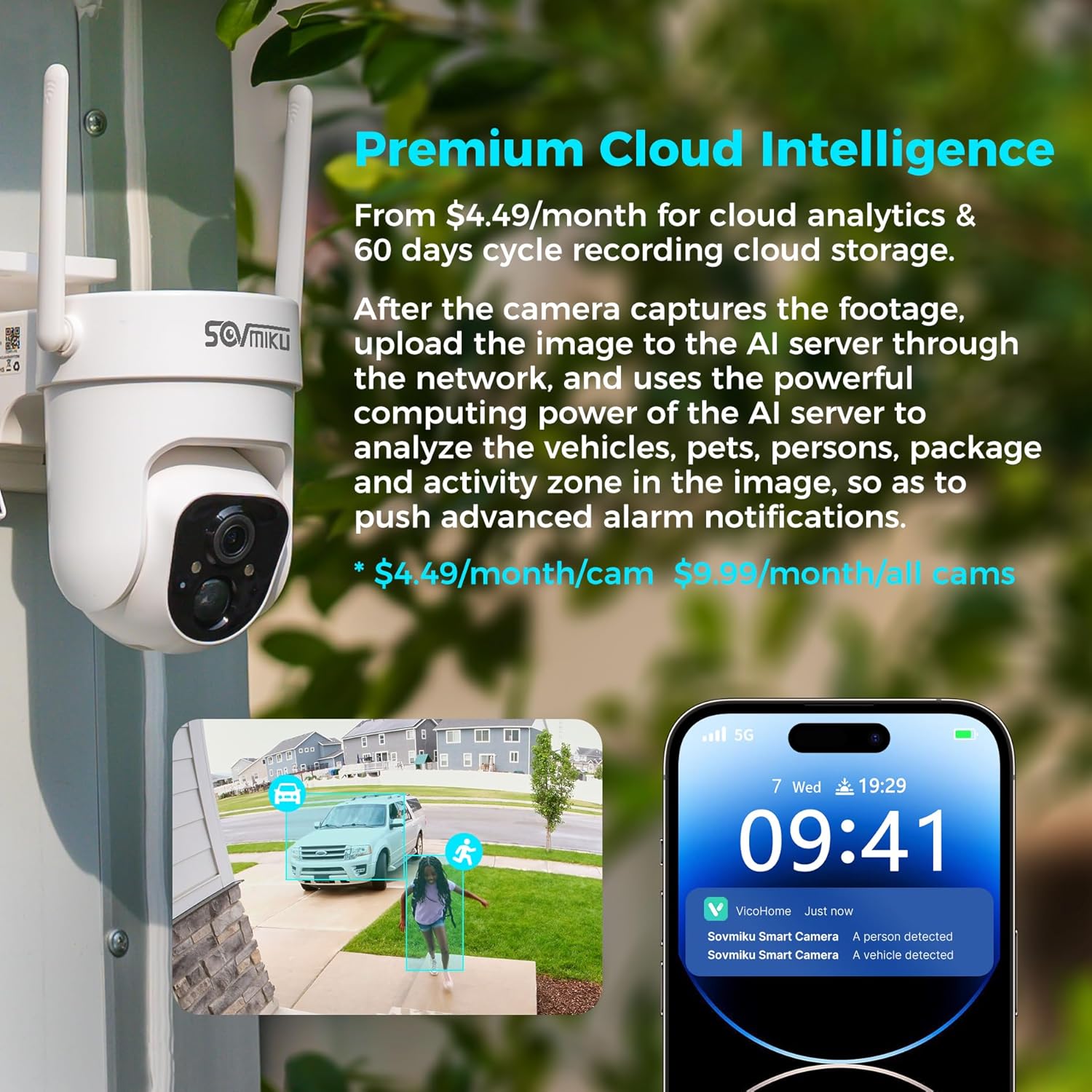Vicohome AI 2K Outdoor Solar Battery Security Cam & Indoor Plug-in Cam System, Two Way Audio, Motion Detection, 360° View, Easy to Setup, Color Night Vision, Audible Siren, 180 Days Exchange Policy