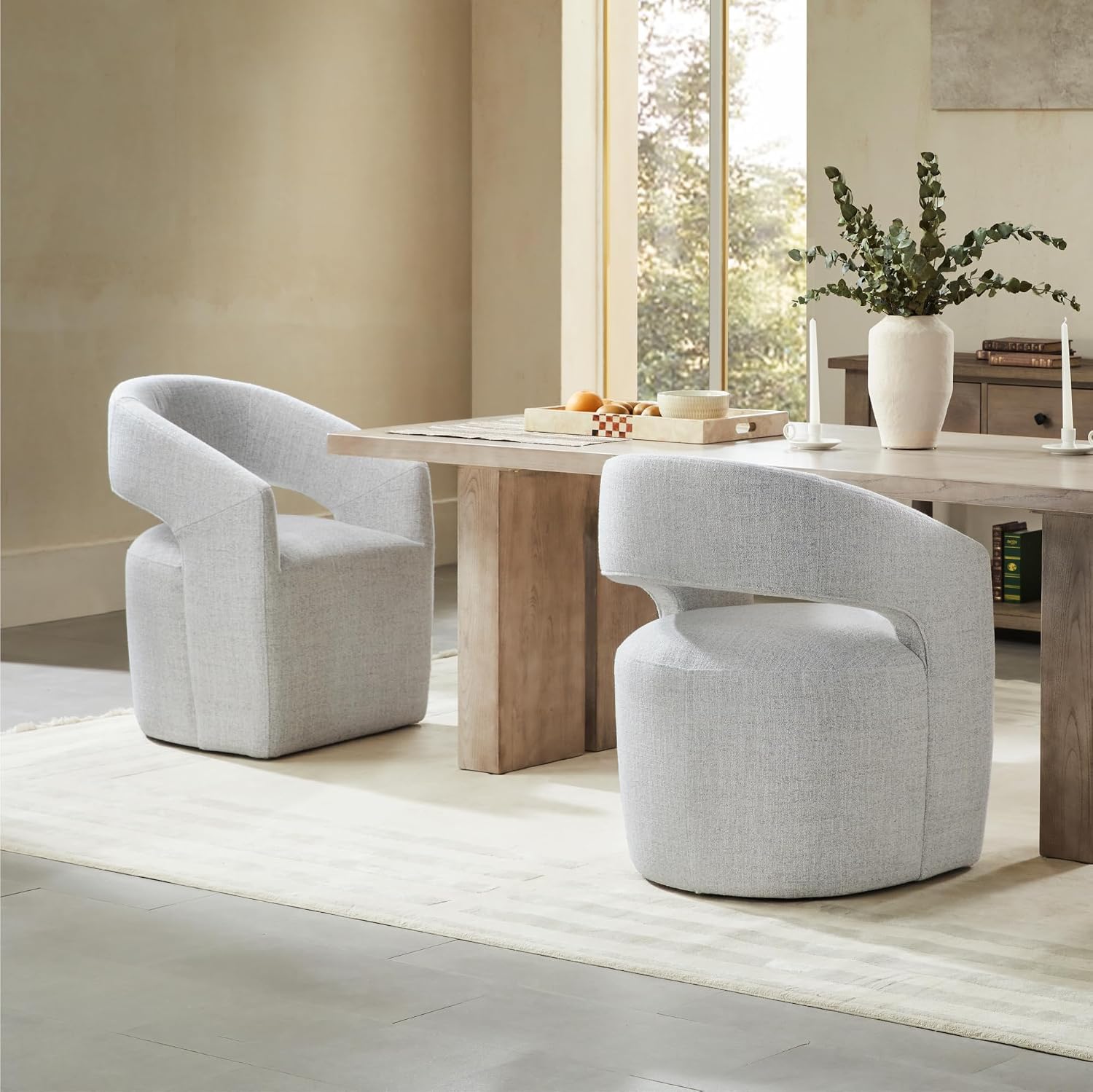KISLOT Upholstered Dining Chairs with Casters, No Assembly Modern Barrel Armchair with Rollers for Dining Room, Bedroom, Living Room, Reading Room, Home Office, Set of 4, Light Grey