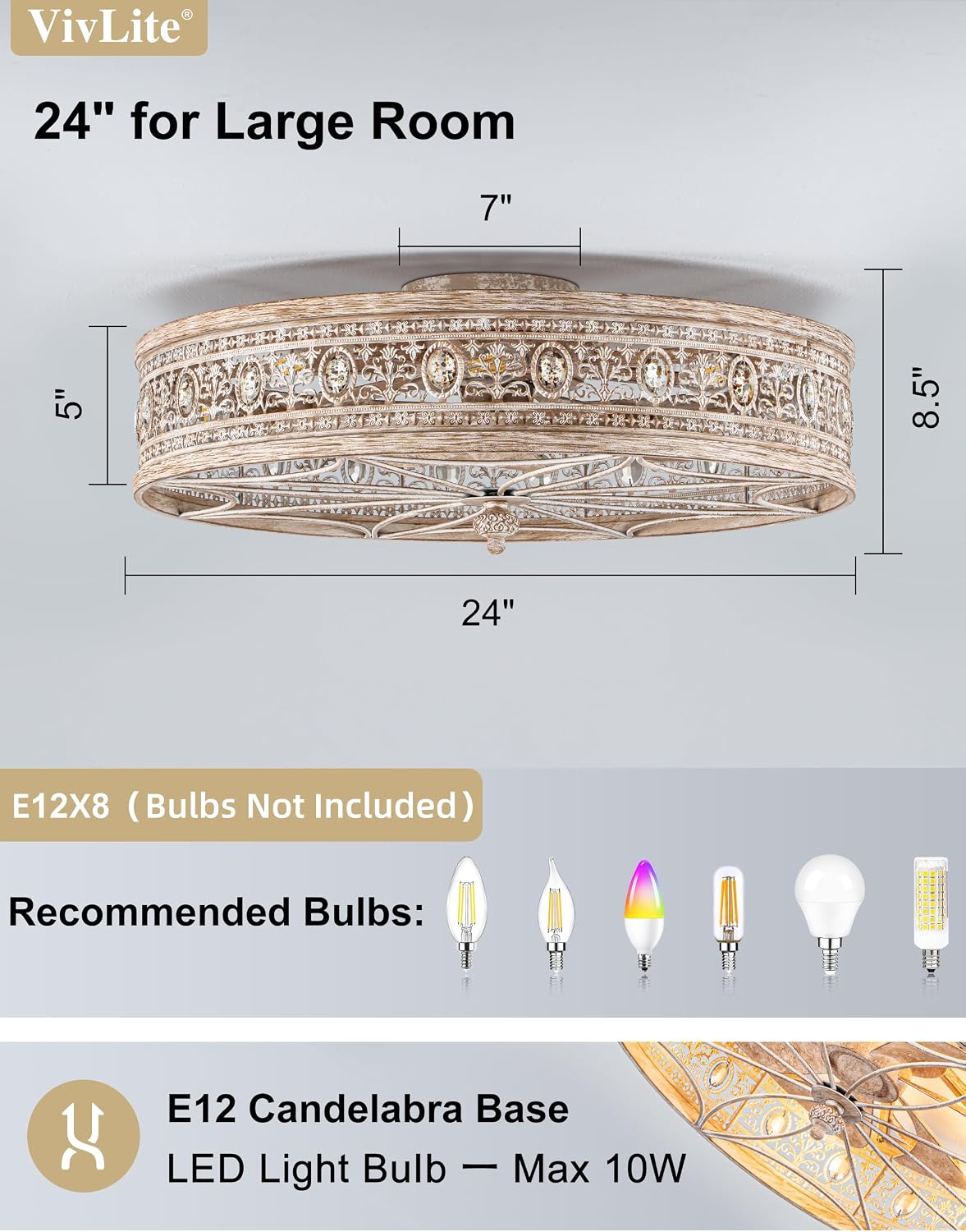 Rustic Farmhouse Caged Ceiling Fans with Lights,Vintage Fancy Antique Crystal Decorative,Bladeless Enclosed Flush Mount Low Profile Small Fandeliers for Kitchen,Bedroom