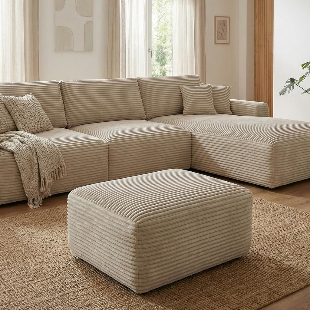 EVLIQUIL Large Ottoman Foot Rest 37' Beige, Sofa Couch Ottomon with Soft Long-Pile Fabric, High Resilience Foam & Spring Support, Ottoman for Living Room Extra Seating