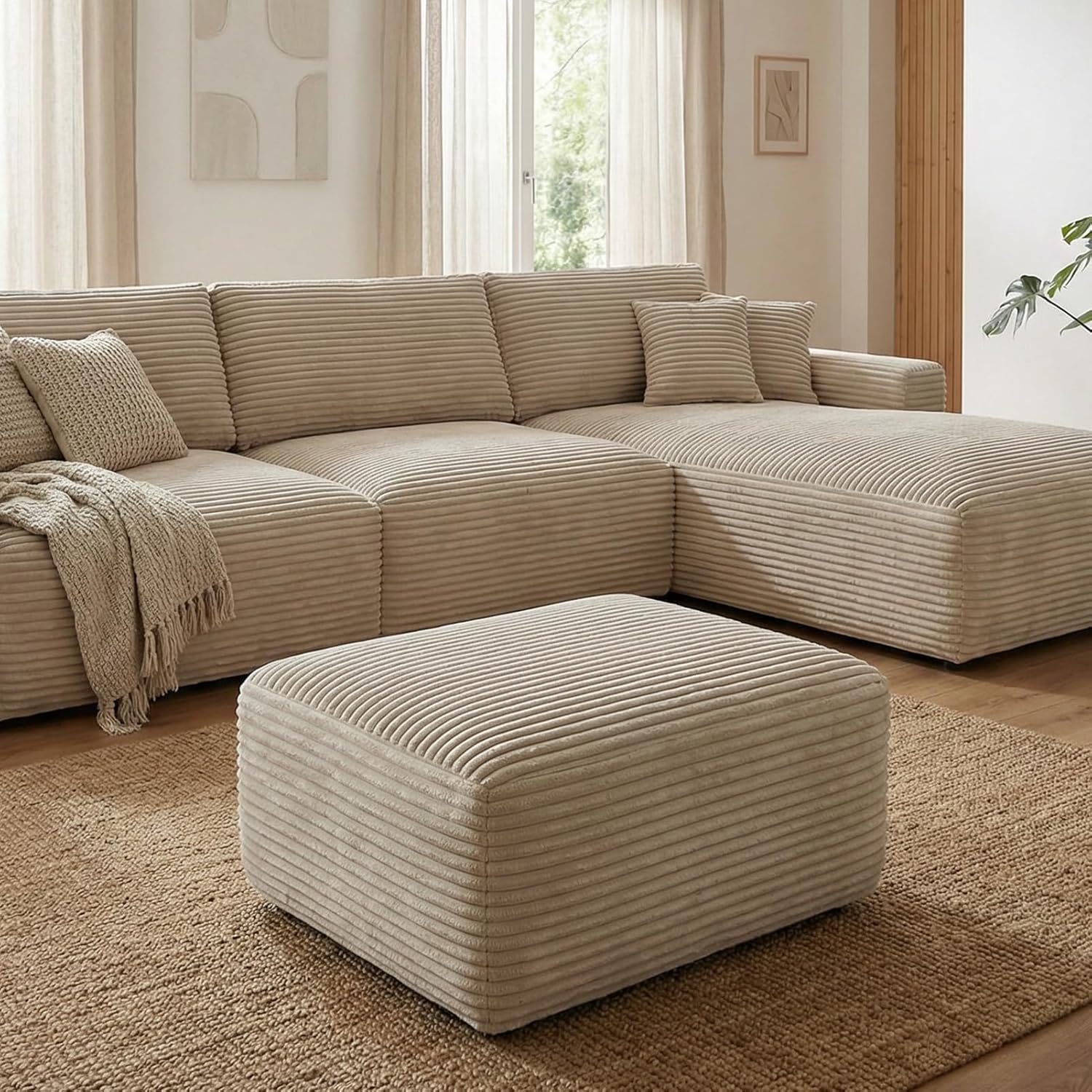 EVLIQUIL Large Ottoman Foot Rest 37' Beige, Sofa Couch Ottomon with Soft Long-Pile Fabric, High Resilience Foam & Spring Support, Ottoman for Living Room Extra Seating
