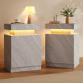 Nightstands Set 2, 17 Inches Modern Bedside Table with LED Lights, LED Night Stand Set of 2, High Gloss Surface, End Table with Storage for Bedroom, Grey
