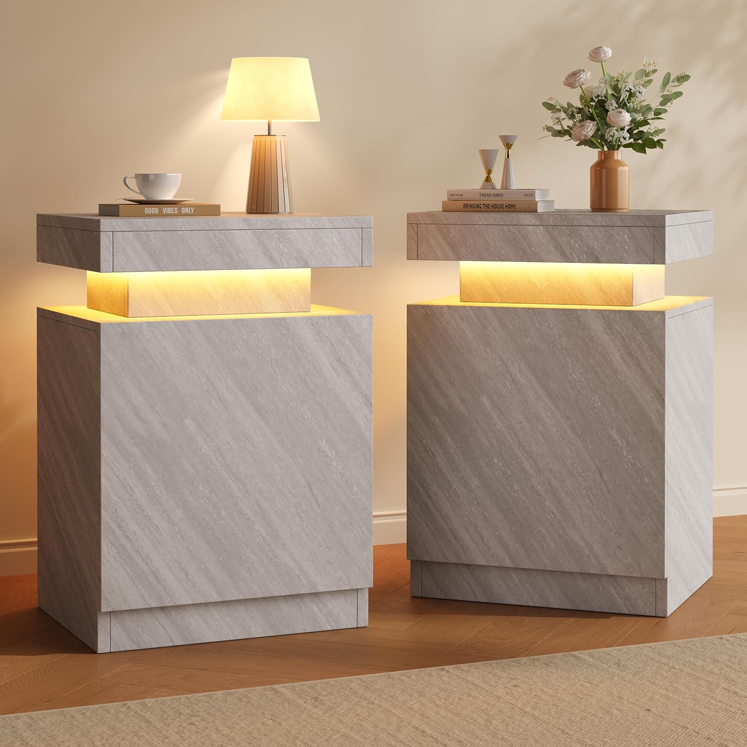 Nightstands Set 2, 17 Inches Modern Bedside Table with LED Lights, LED Night Stand Set of 2, High Gloss Surface, End Table with Storage for Bedroom, Grey