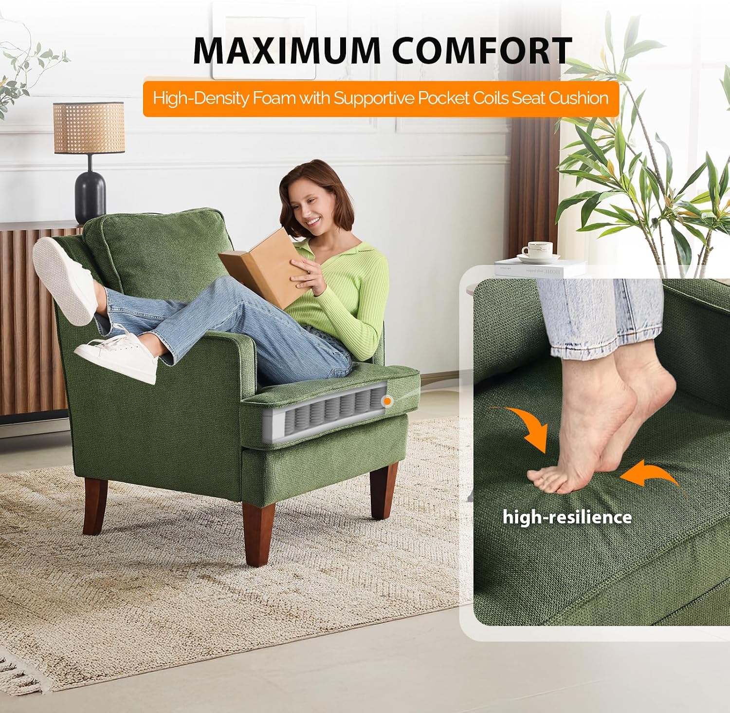 VINGLI Mid-Century Modern Accent Chair, Green Upholstered Armchair Comfy Sofa Chair Reading Chair High Back for Living Room Bedroom Furniture Apartment