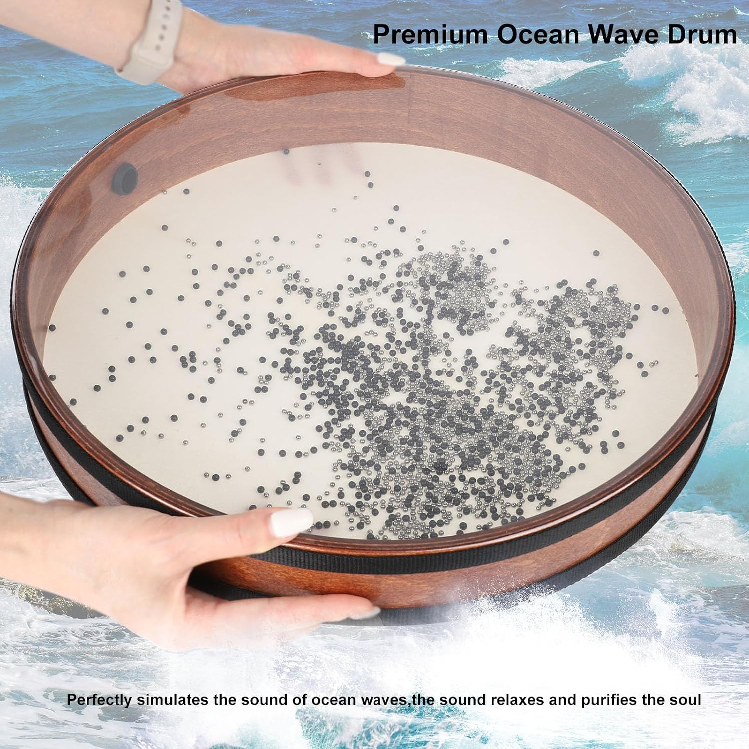 Ocean Drum 20 inch Large Size Goatskin Wave Drum with Beads, Bag, Sound Healing Instrument for Yoga Meditation Relaxation Sound Bath