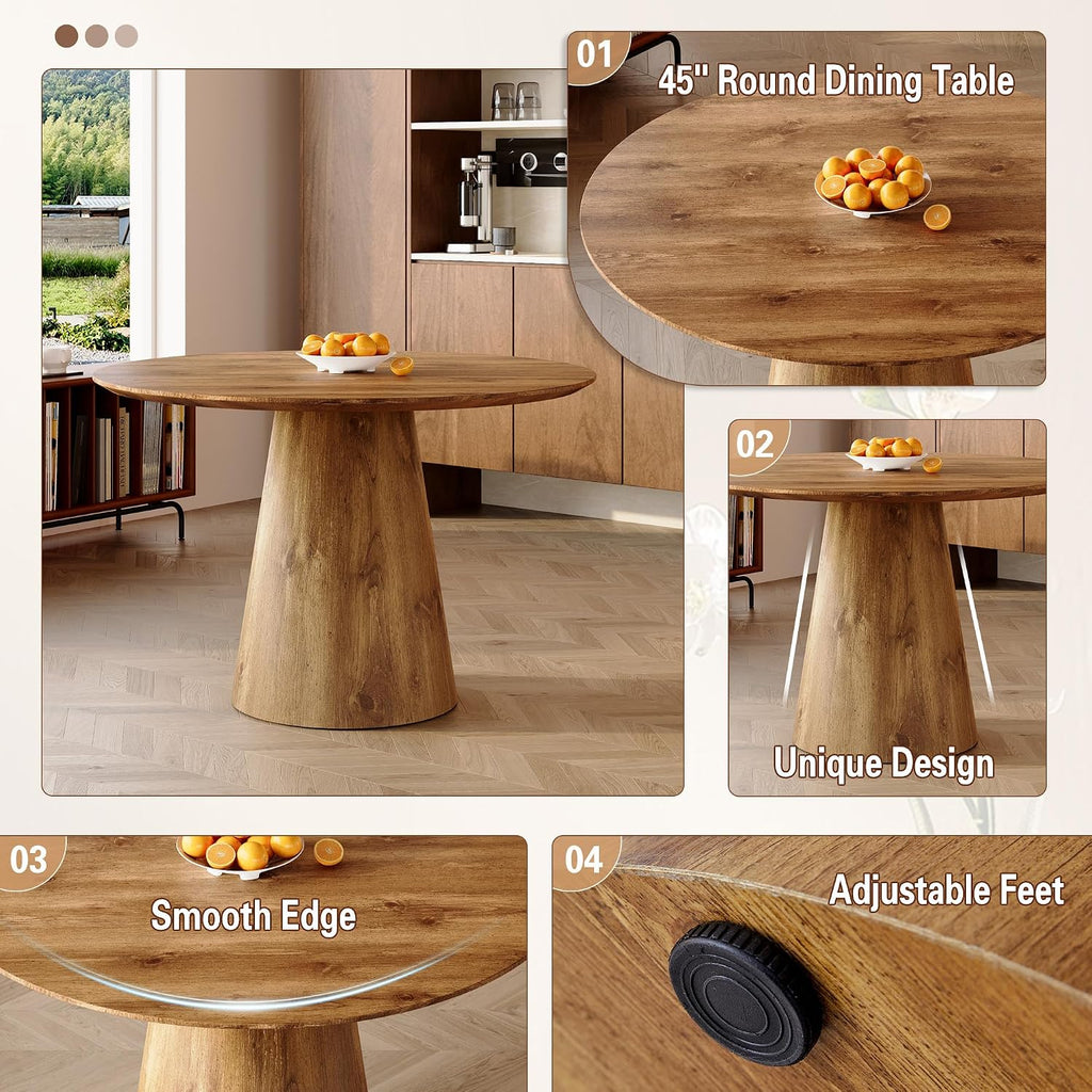 45'' Round Dining Table, Small Round Dining Room Table, One-Piece Tabletop and Stable Pedestal Base, Mid Century Modern Wood Dinner Table for Kitchen Dining Room, Apartment