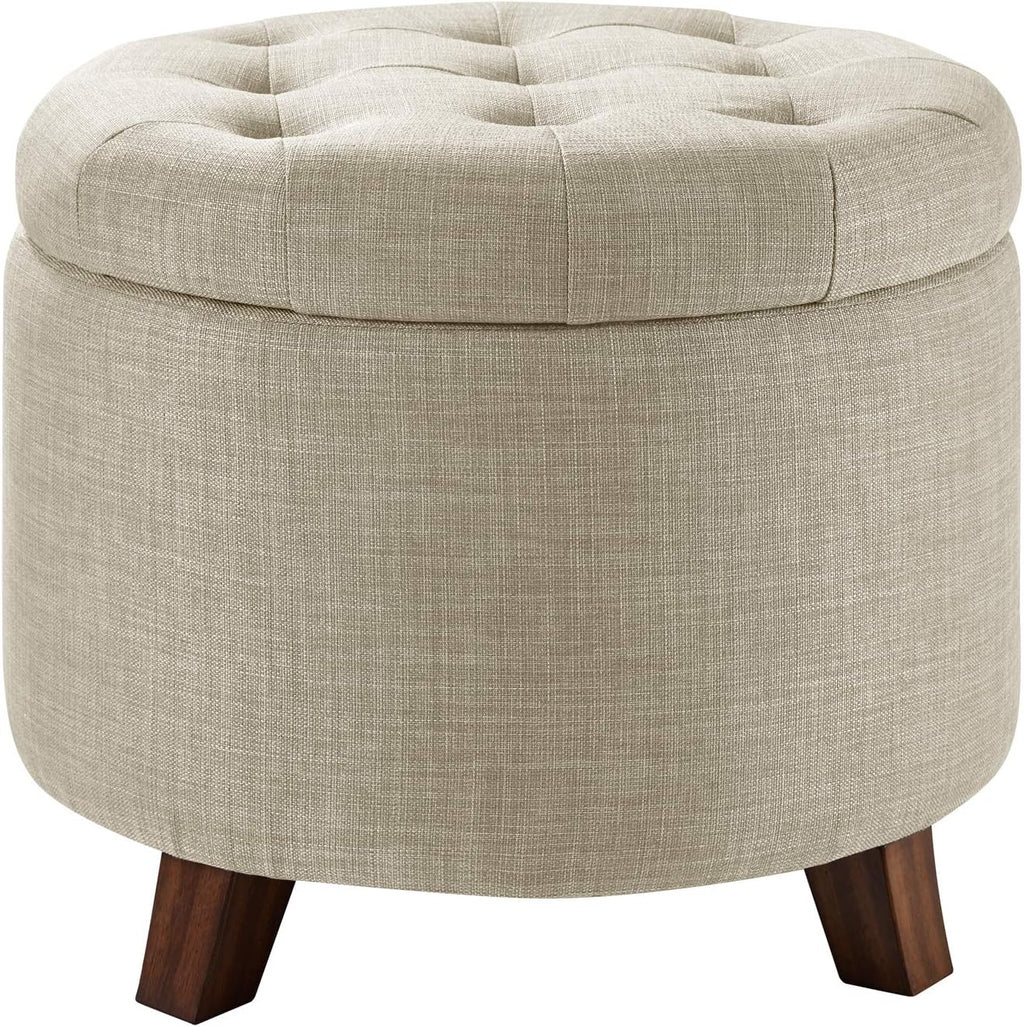 Amazon Basics Round Storage Ottoman Foot Rest, Button Tufted Upholstered Footstool with Storage, Sturdy Linen Fabric for Living Room and Bedroom, 20' x 17', Beige