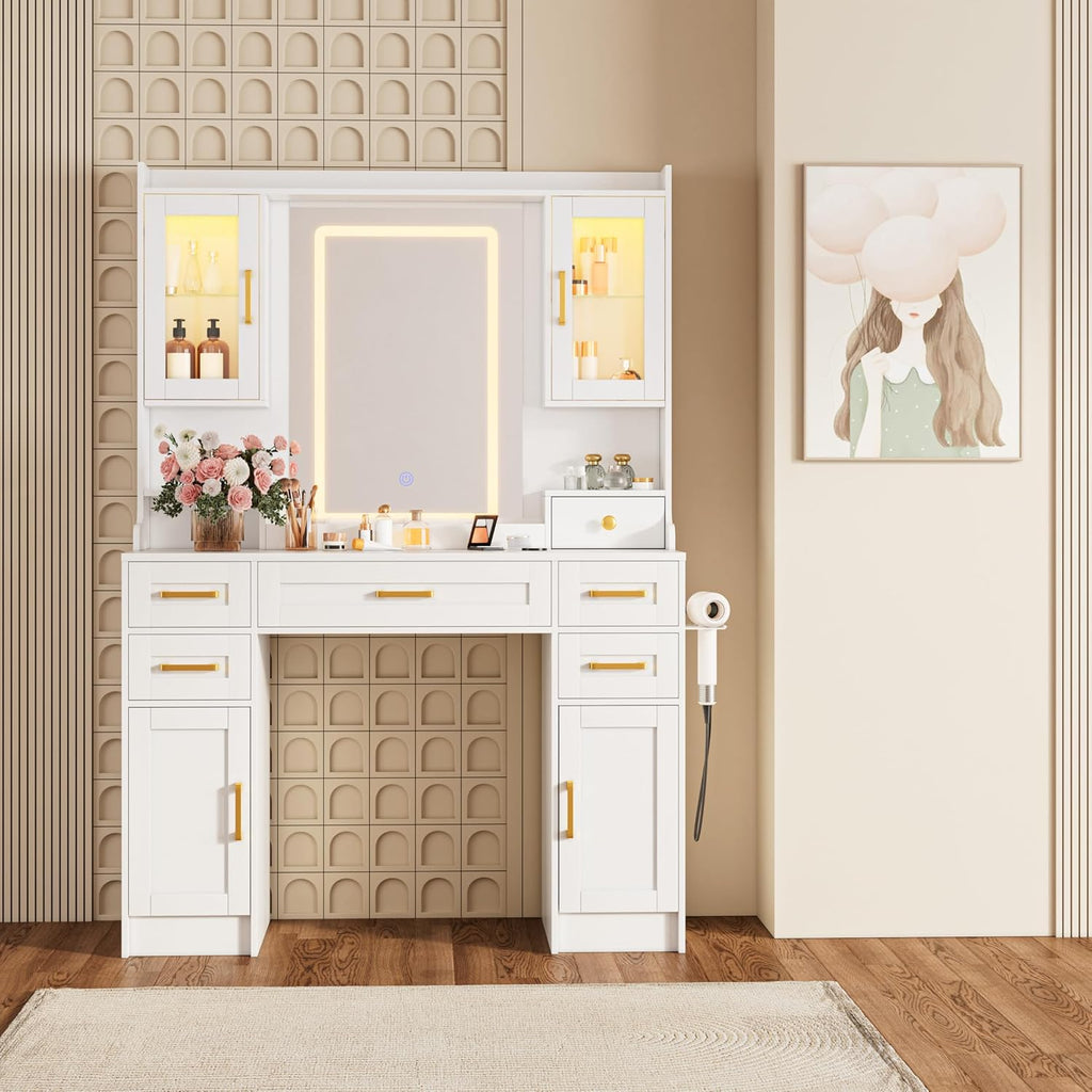 Modern Vanity Desk with Mirror, LED Lights and Power Outlet, Large Makeup Table Set with Drawers & Display Cabinets, White Dressing withfor Bedroom