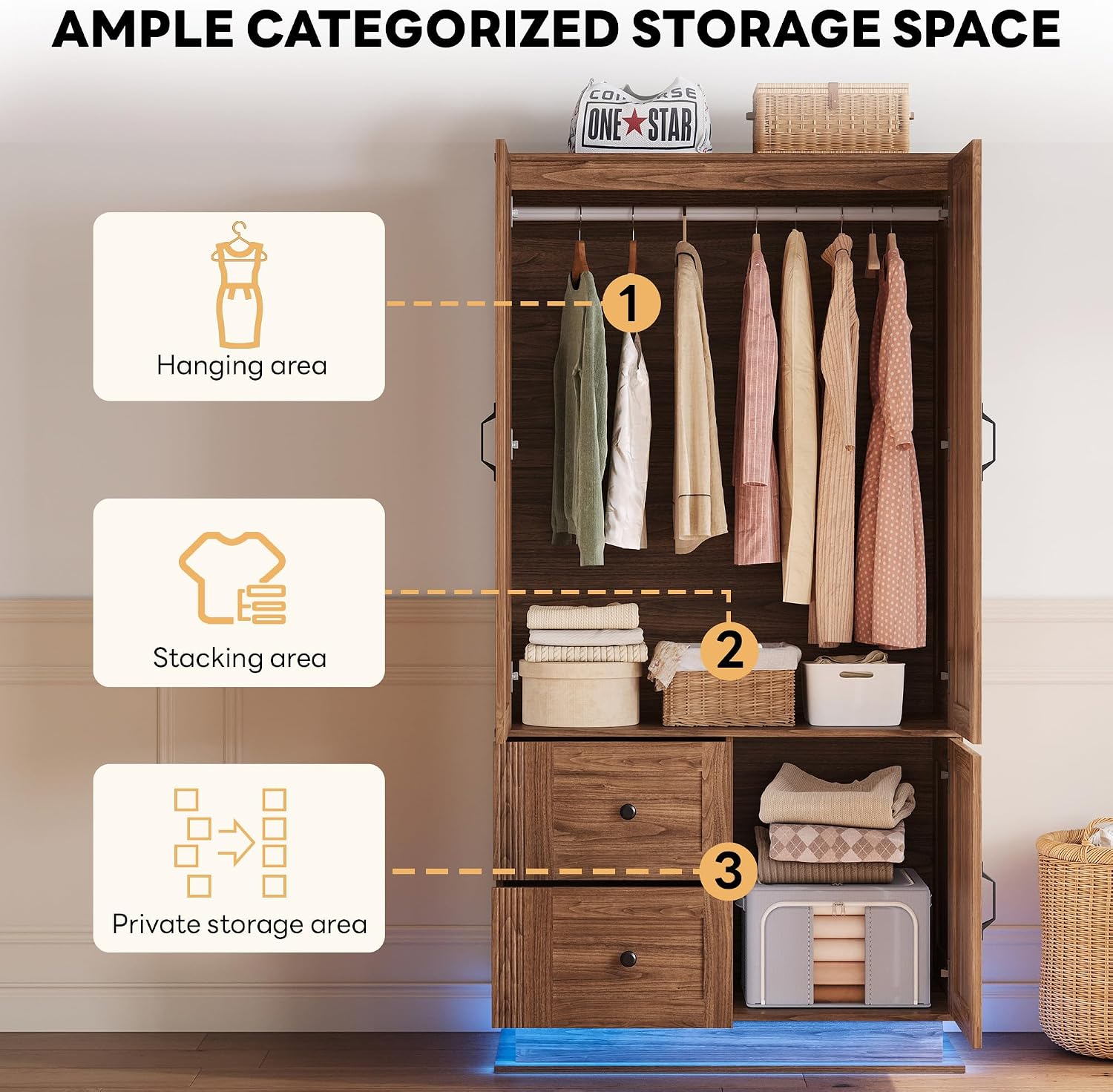 LIKIMIO Farmhouse Wardrobe Closet with Doors, 70' Bedroom Armoires with LED Lights and Hanging Rod, Wooden Large Wardrobe Cabinet with 2 Drawers and 1 Cabinet, Walnut