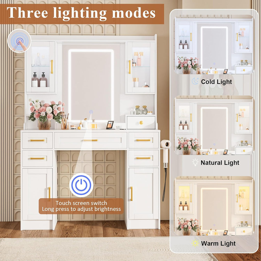 Modern Vanity Desk with Mirror, LED Lights and Power Outlet, Large Makeup Table Set with Drawers & Display Cabinets, White Dressing withfor Bedroom