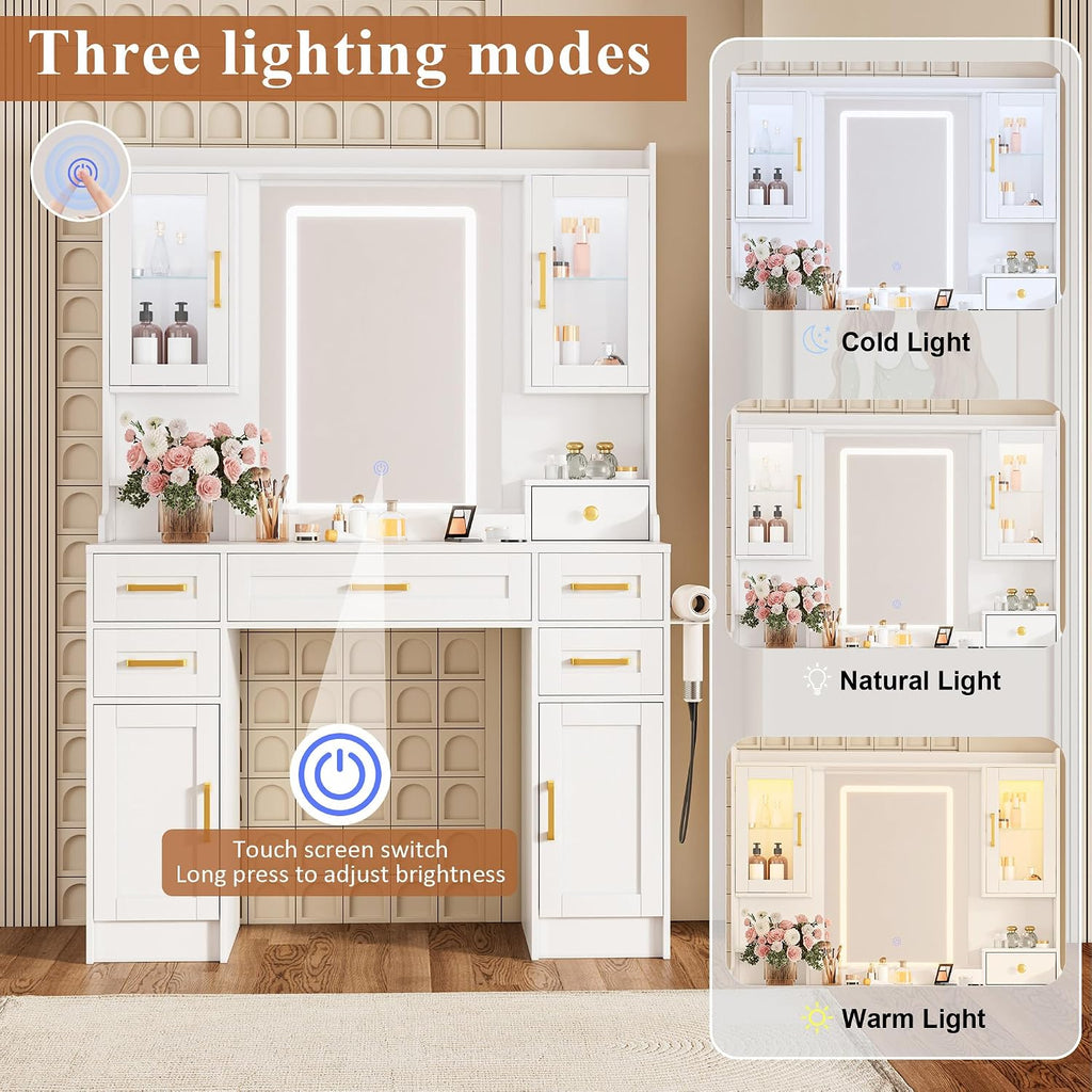 Vanity Desk with Mirror and LED Lights, Makeup Table with 2 Glass Cabinets and 2 Large Drawers, 3 Lighting Color Adjustable, Girls Dressing for Bedroom