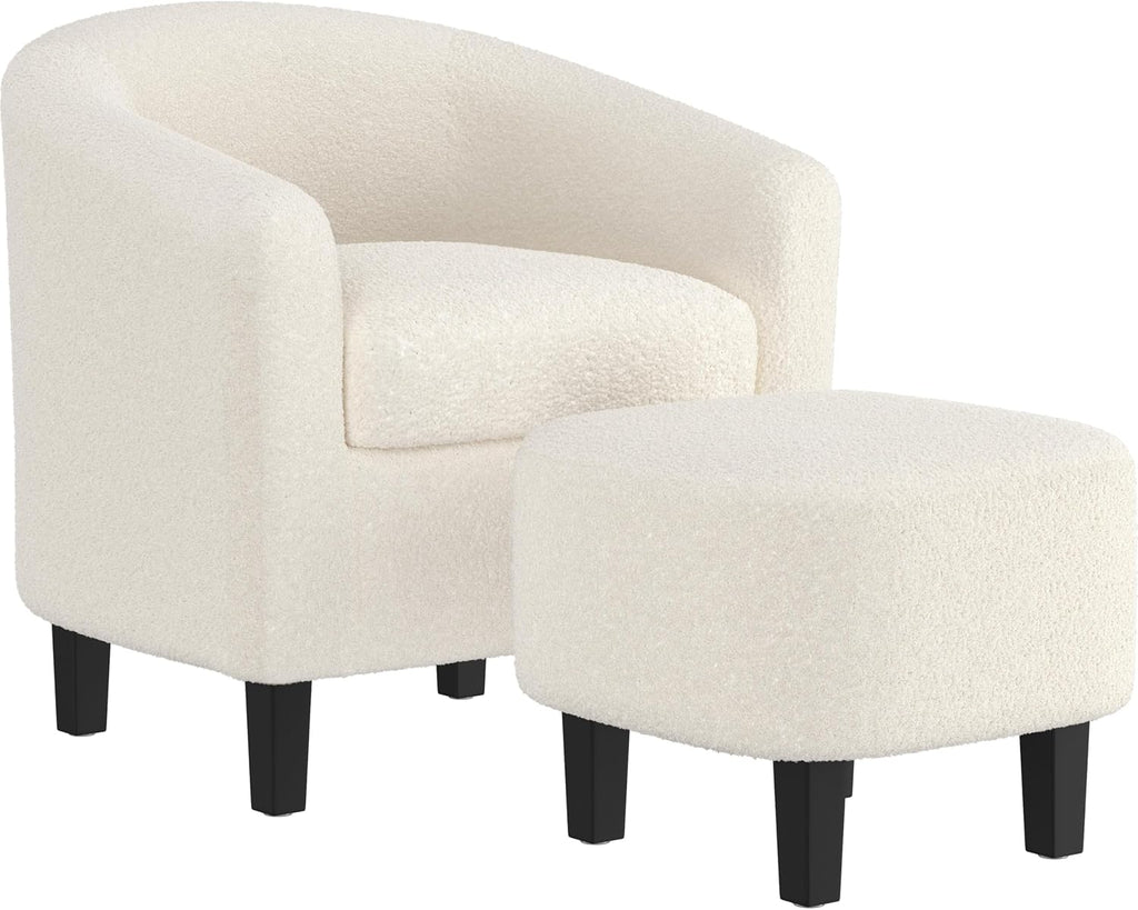 Yaheetech Barrel Chair with Ottoman Set, Boucle Fabric Accent Chair with Soft Padded and Sturdy Legs for Living Room/Bedroom/Study/Waiting Room, Ivory