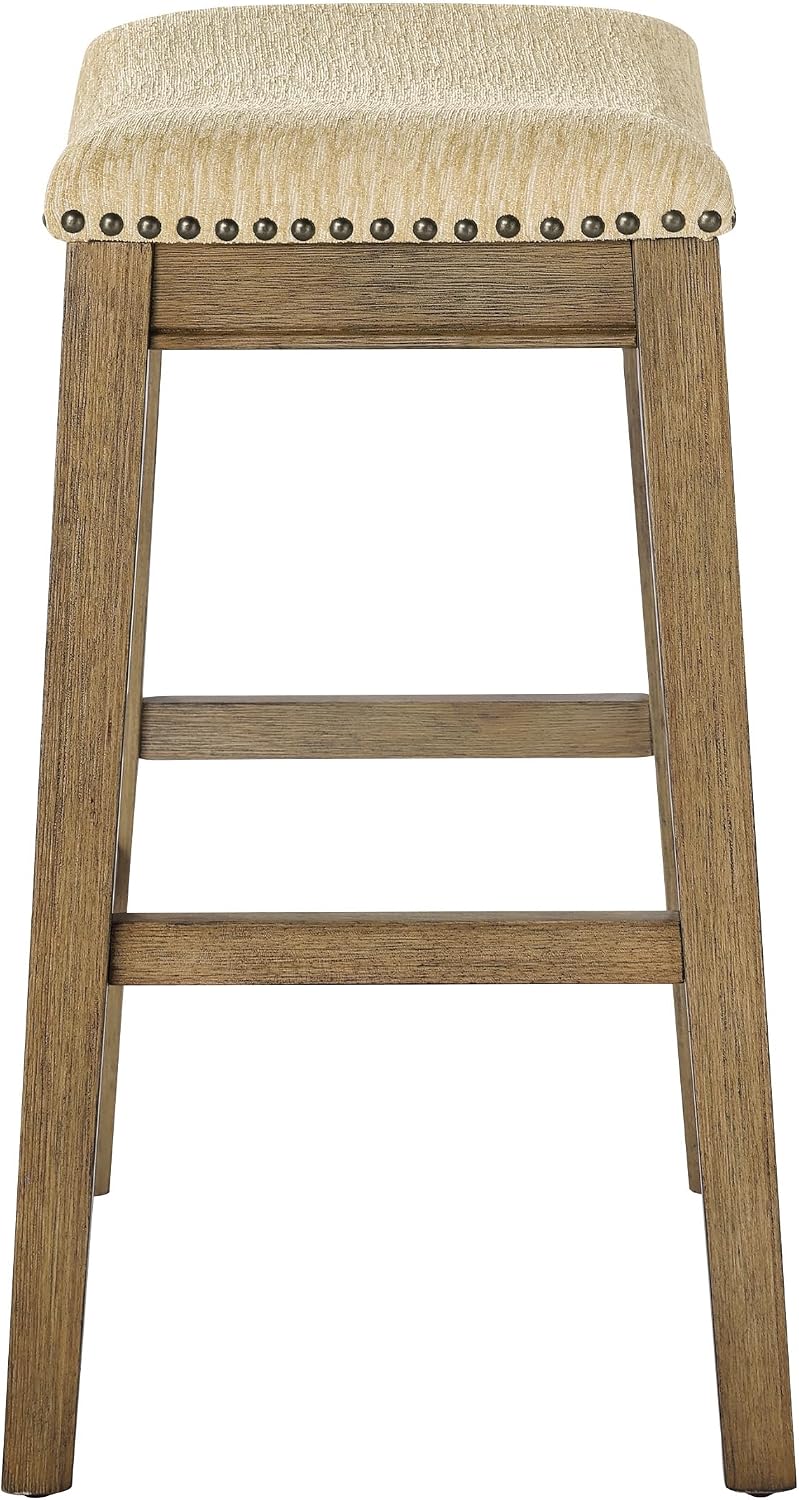 OSP Home Furnishings Metro Farmhouse Saddle Stool with Nailhead Trim, 2-Pack, 24-inch Counter Height, Medium Oak Frame with Camel Fabric