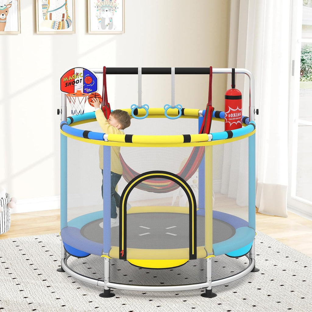 OLAKIDS 55' Trampoline for Kids, Indoor Outdoor Adjustable Toddler Trampoline with Safety Enclosure Net, Baby Recreational Trampolines with Basketball Hoop Hammock Boxing Bag Gymnastic Bar Rings