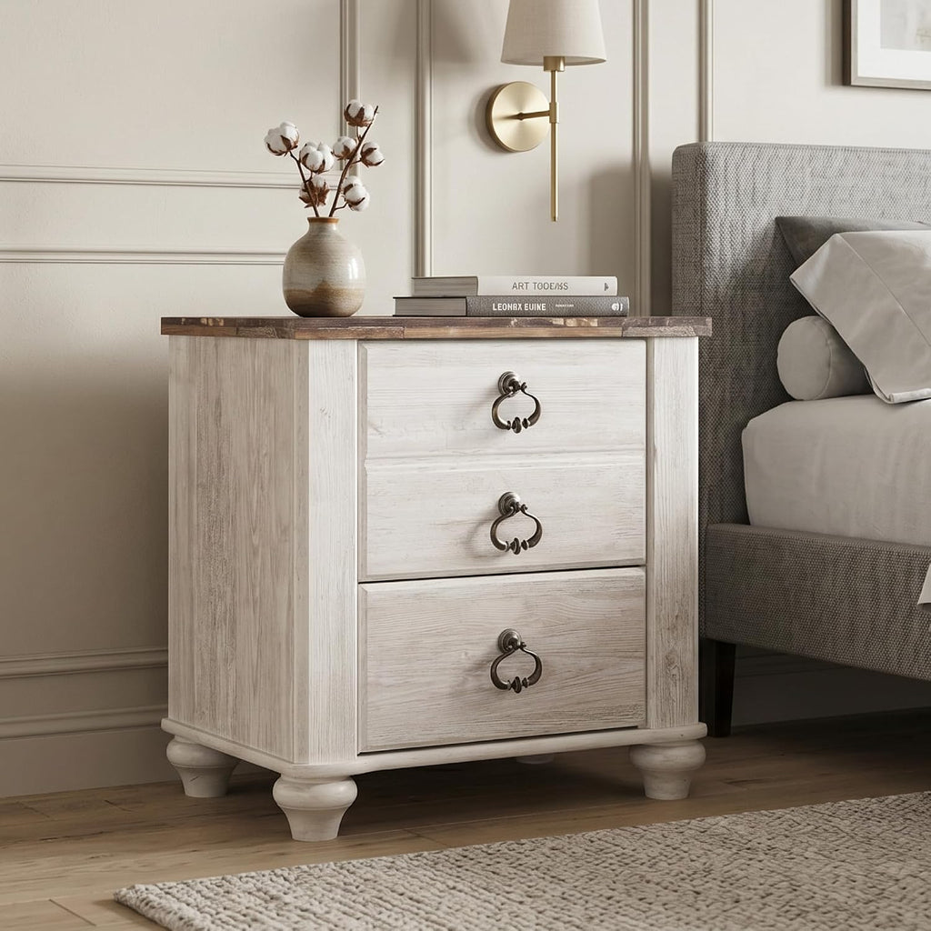 Signature Design by Ashley Willowton Farmhouse 2 Drawer Nightstand with USB Charging Ports, 25.67' Tall, Whitewash