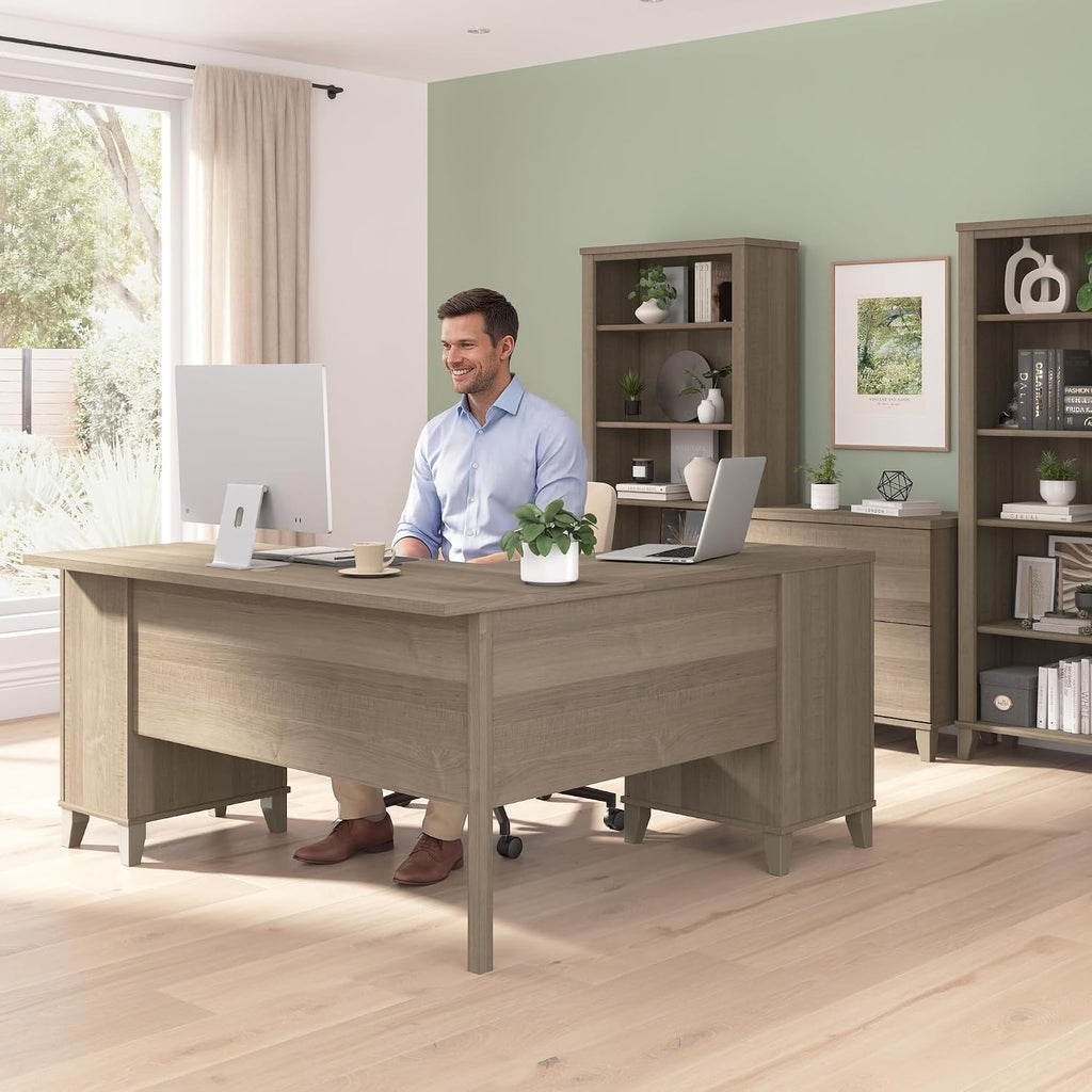 Bush Home 60-Inch L-Shaped Desk with Storage, Corner Computer Office Desk with Drawers and Storage Cabinet, Home Office Furniture, Somerset Collection, Ash Gray