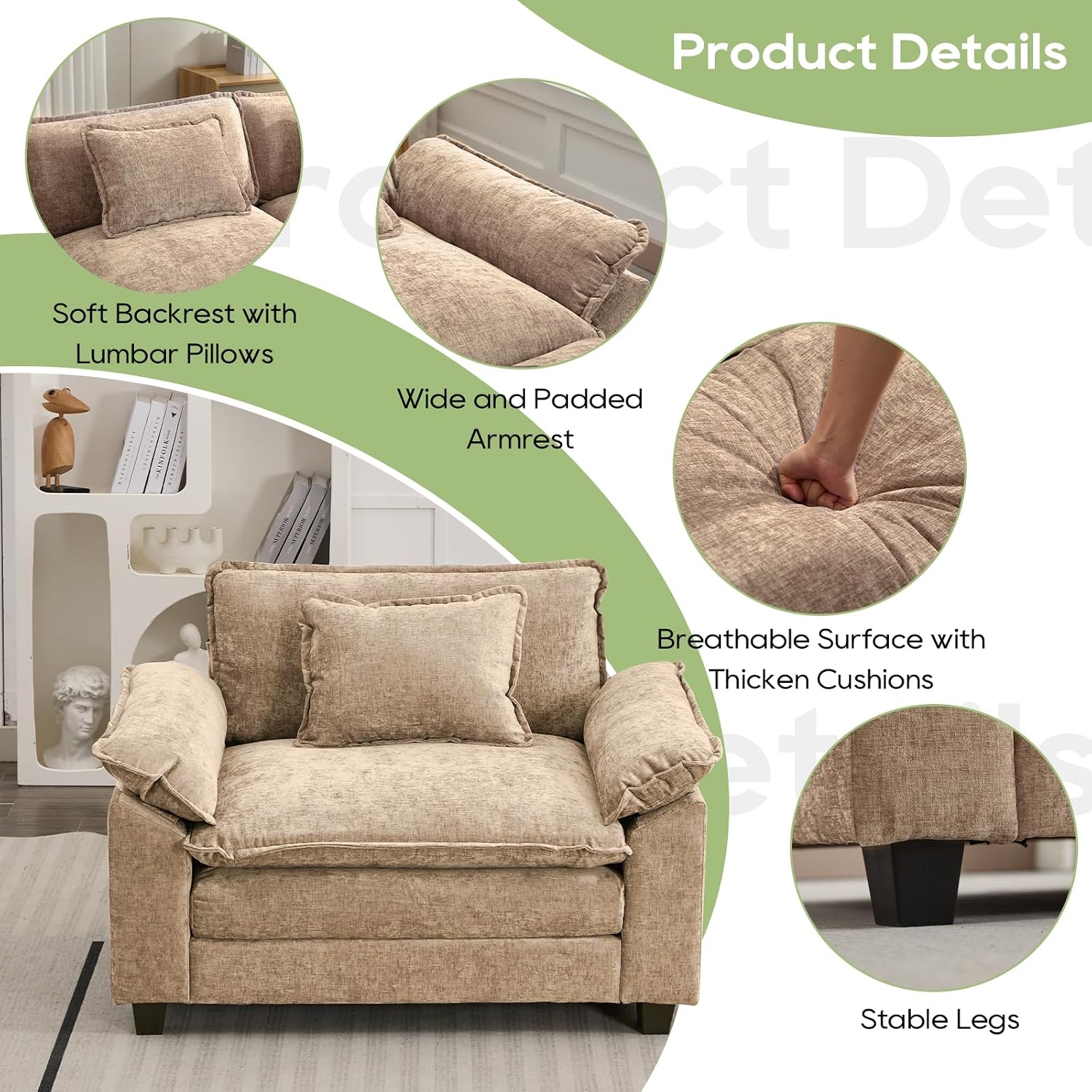 Oprisen Modular Sectional Sofa, Comfy Cloud Couch Sectional Sofa, Chenille Sofa Sleeper Deep Seat Sofa with Throw Pillows for Living Room (Khaki, 53'- Single Seat)