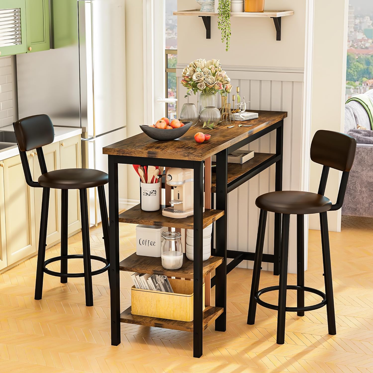 Recaceik 3 Piece Bar Dining Table Set, Modern Bar Table and Stools for 2, Kitchen Counter Height Dining Table Set with 4 Storage, Breakfast Nook Set Pub Table with Backrest
