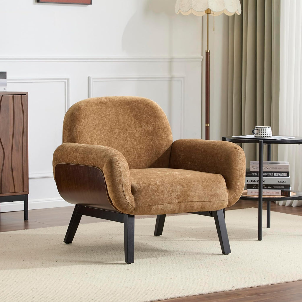 Christopher Knight Home Audrey Modern Upholstered Accent Chair, Low Profile Lounge Chair Inddor, Wooden Comfy Reading Chair, Soft Seating Single Lounge Sofa, Tan Brown