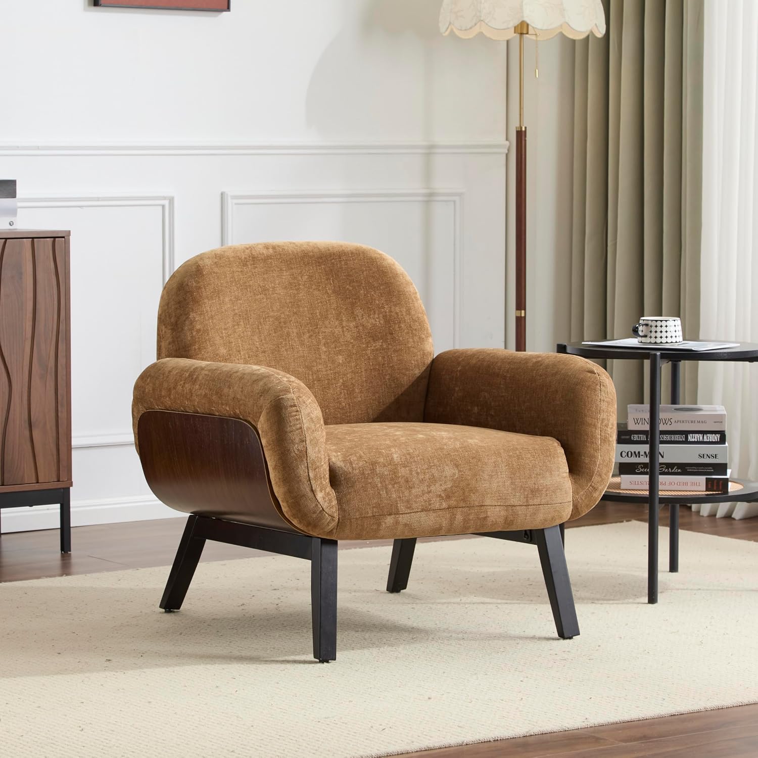 Christopher Knight Home Audrey Modern Upholstered Accent Chair, Low Profile Lounge Chair Inddor, Wooden Comfy Reading Chair, Soft Seating Single Lounge Sofa, Tan Brown