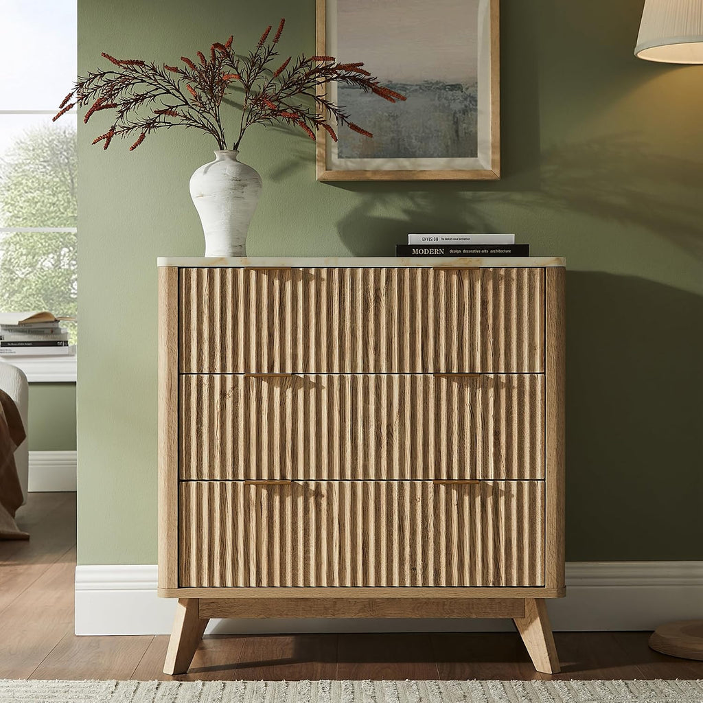 T4TREAM Fluted 3 Drawer Dresser, 32' Tall Modern Chest of Drawers with Faux Marble Top, Curved Profile Design, Wood Drawer Organizer for Bedroom, Living Room, Hallway, Entryway, Natural Oak